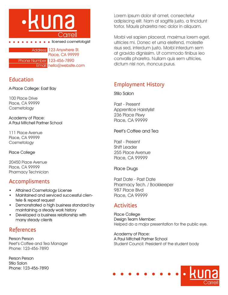 Kuna's resume with personal logo